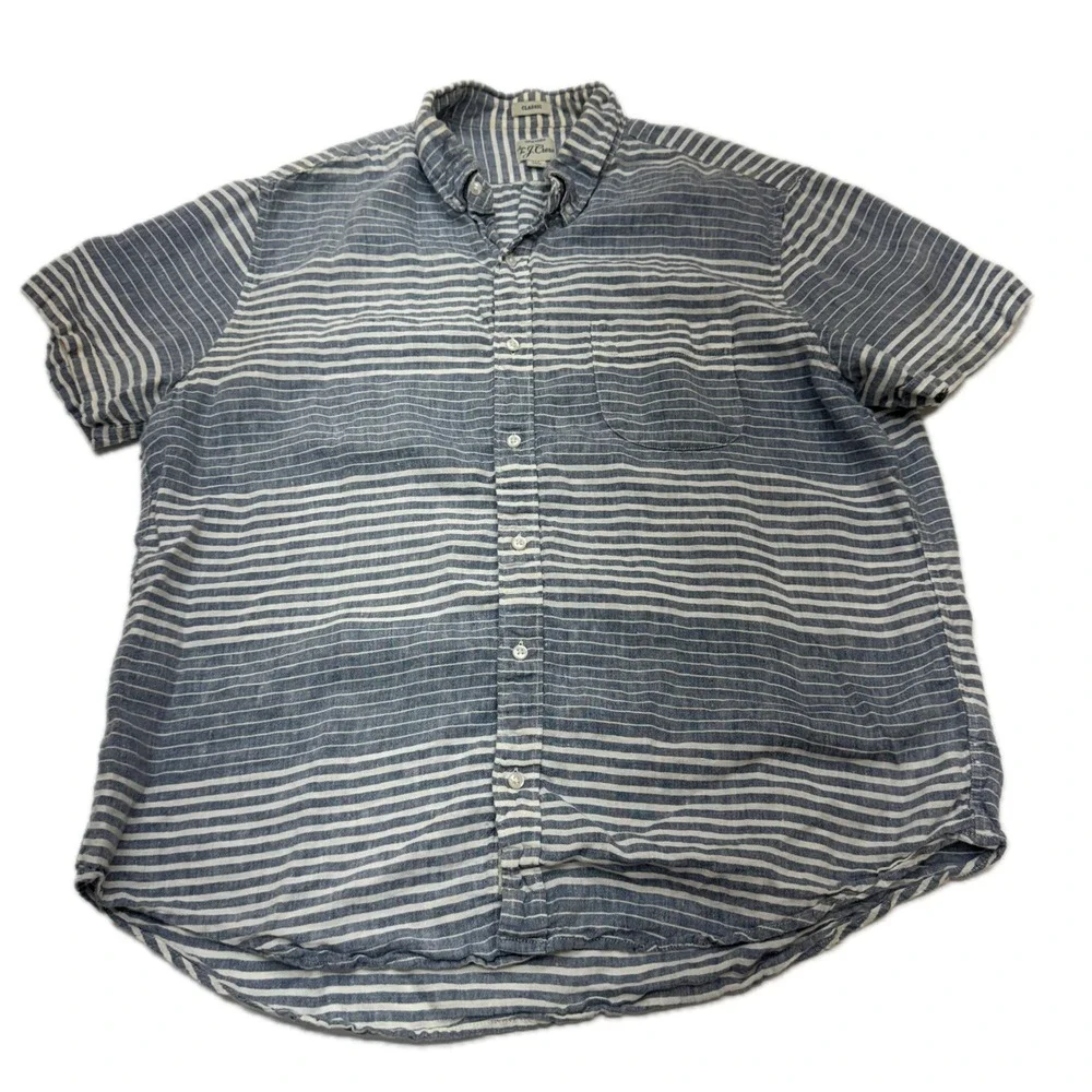 J Crew Irish Linen Button Down Shirt Mens XL Blue Striped Coastal Preppy